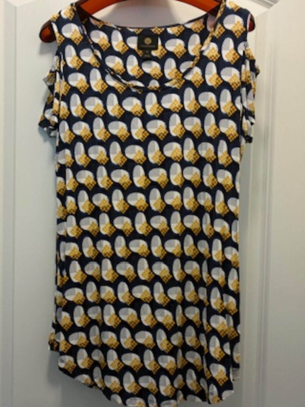 New JM COLLECTION Silky Stretch COLD SHOULDER TUNIC Navy White Yellow TOP XS / S